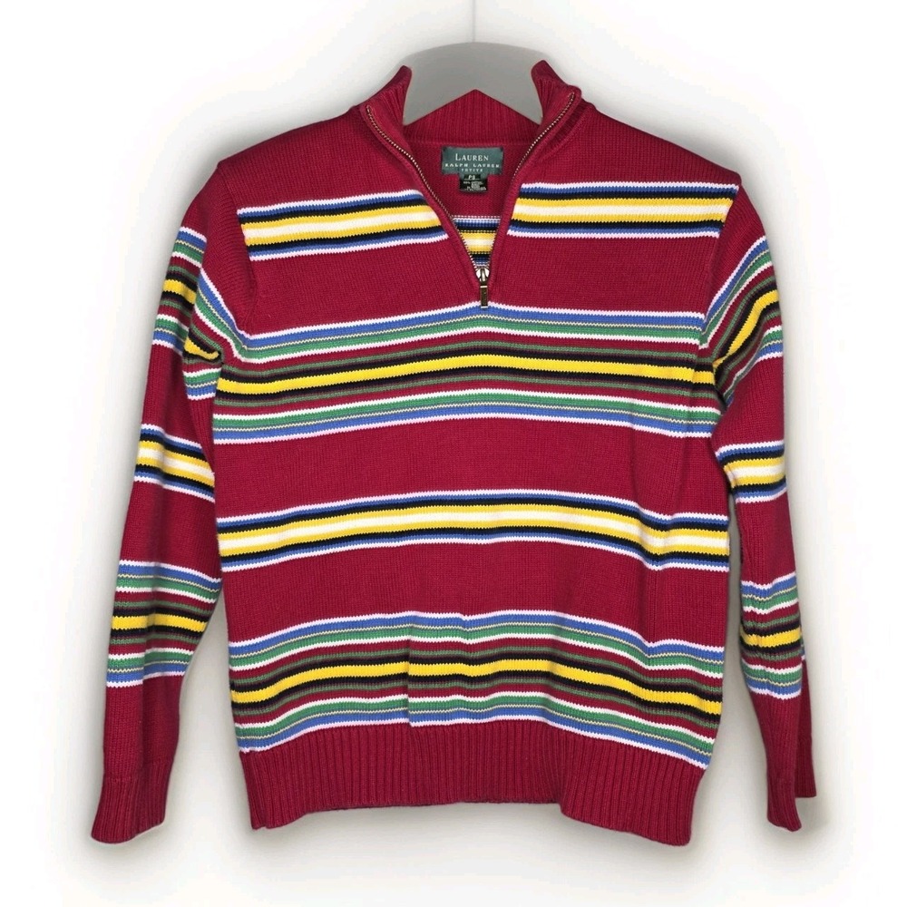 Lauren Ralph Lauren Red Primary Striped Quarter Zip Cotton Sweater Women PS